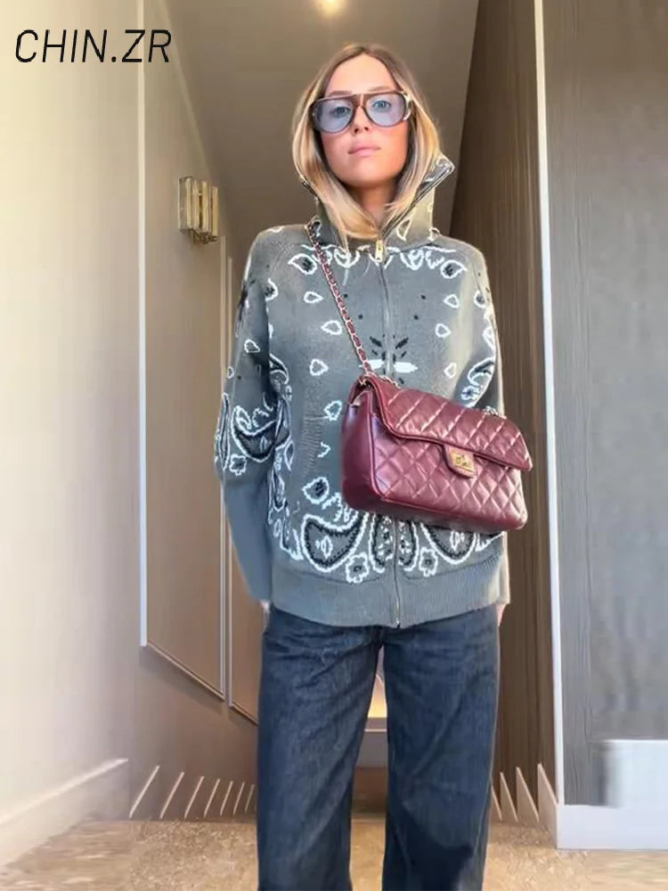 Women's Boho Jacquard Knit Cardigan with Stand Collar and Zip