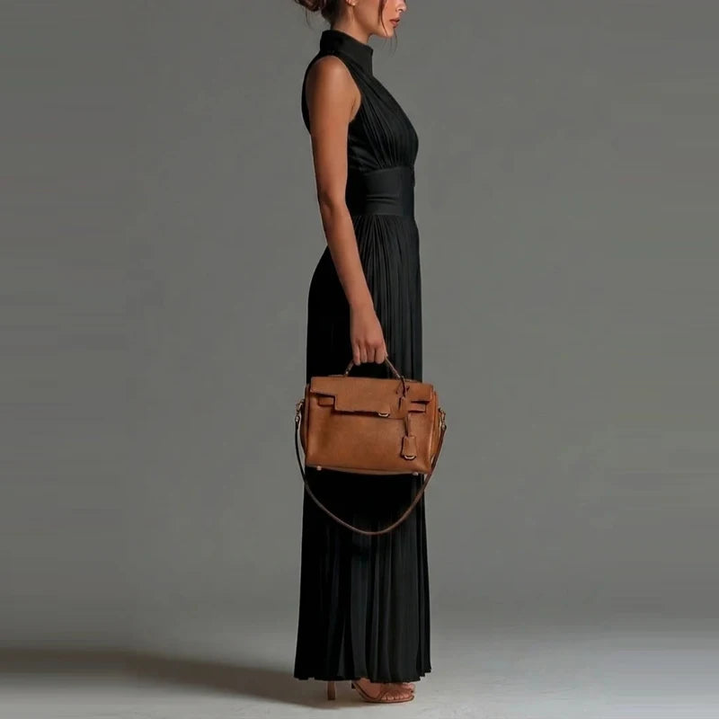 Elegant Lady Zipper Wide Leg Playsuits Stand Collar High Waist Pleat Jumpsuit LADYLYS