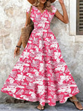 Vintage Floral Print Dress Elegant V-Neck Short Sleeve LADYLYS