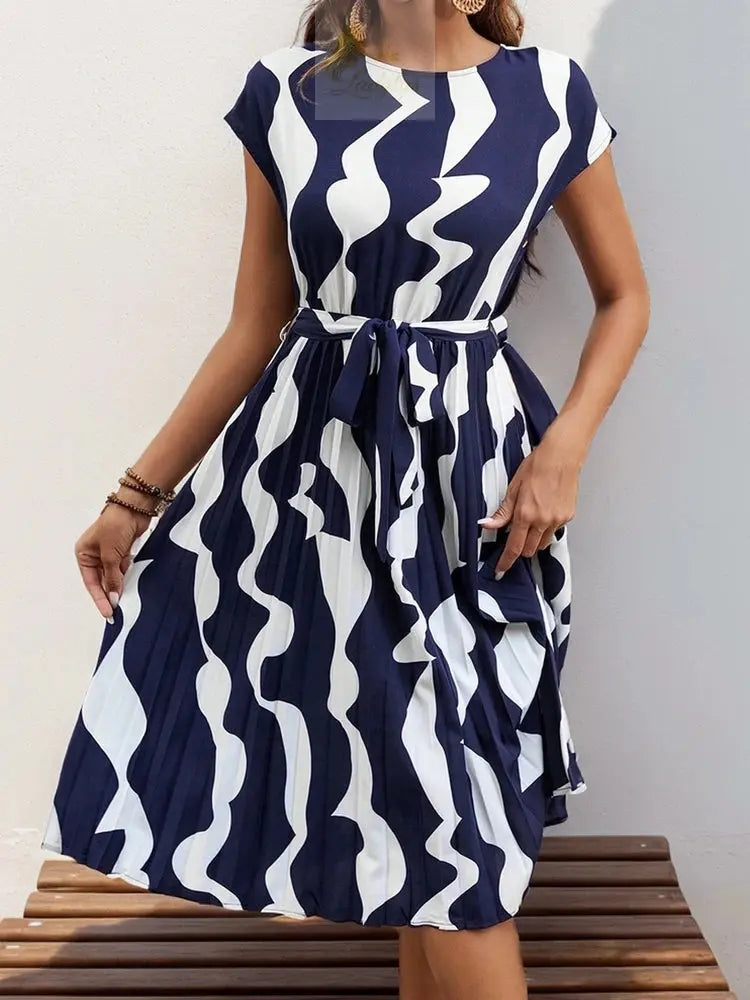 Spring Summer O Neck Pleated Medium Long Dress Fashion Print Lace-up Dress LADYLYS