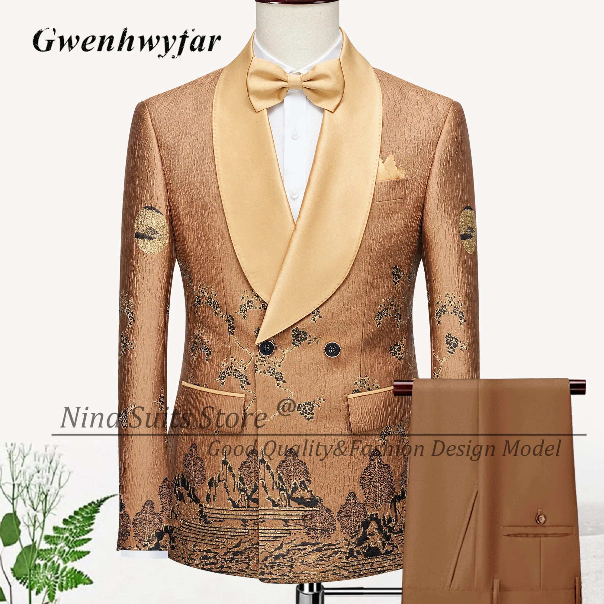 Men Suits Cashew Flower Jacquard Tuxedos Groom Wear Formal Party Suit LADYLYS