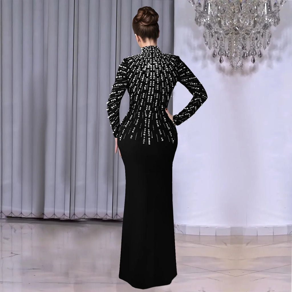 Elegant Party Diamond Pearl Long Bodycon Dress Women O Neck Long Sleeve Glitter LADYLYS