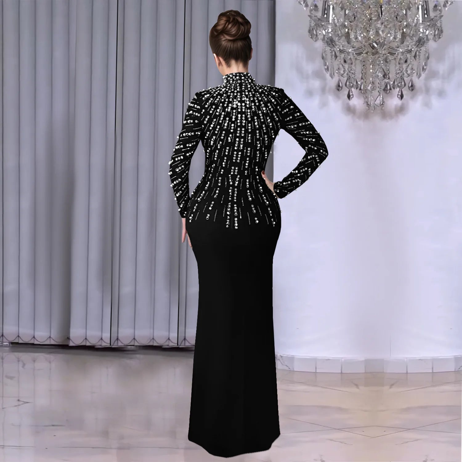 Elegant Party Diamond Pearl Long Bodycon Dress Women O Neck Long Sleeve Glitter LADYLYS