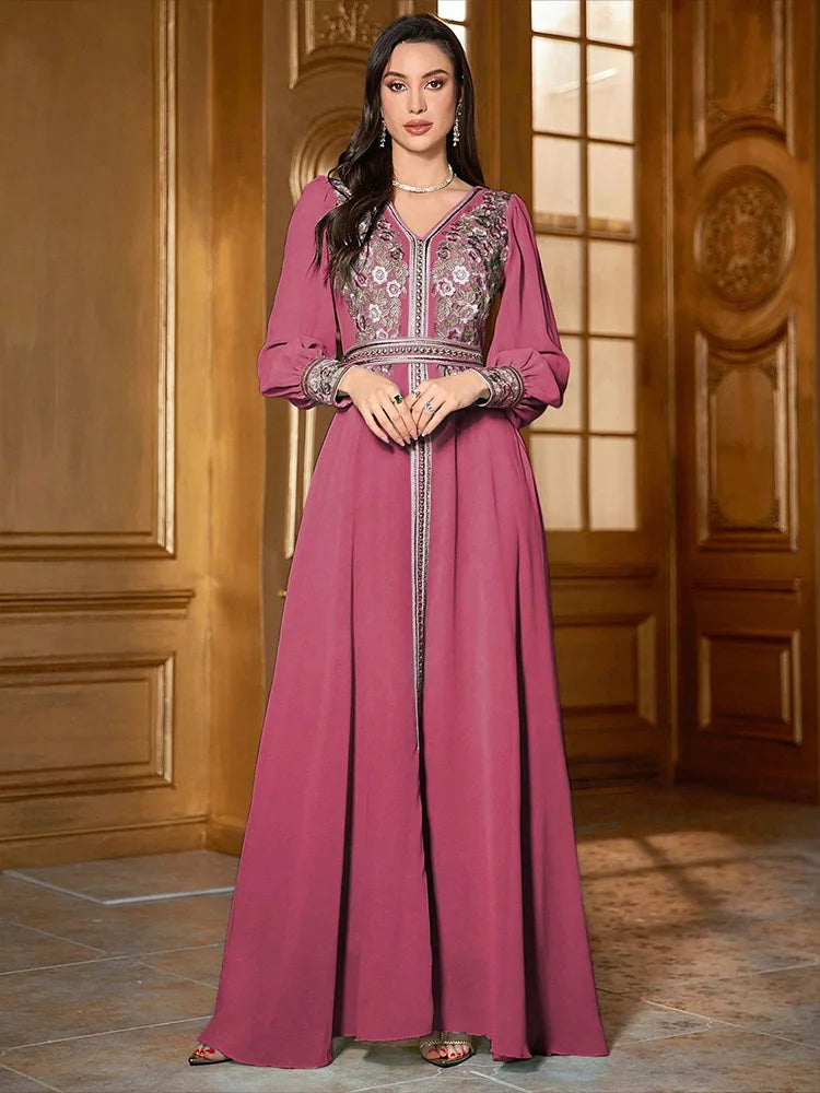 Eid femmes robe Abaya Caftan musulman col en V broderie robe de soirée Matutina-Chic