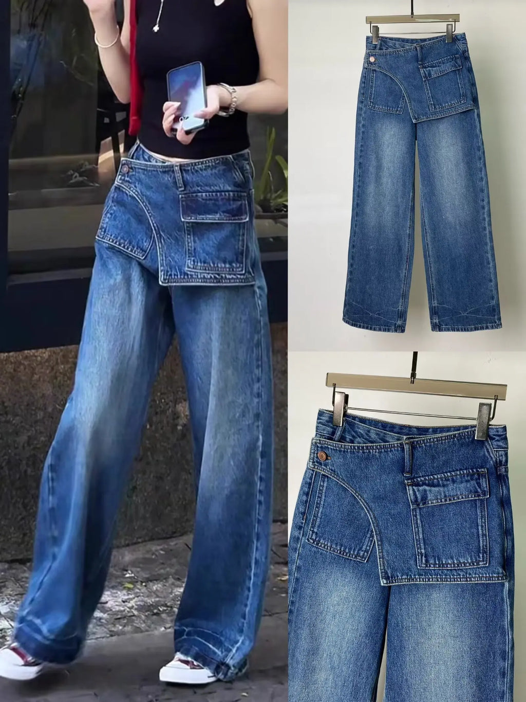 Women's Plus Size Vintage Washed High-Waist Wide-Leg Jeans | Irregular Loose Denim Trousers