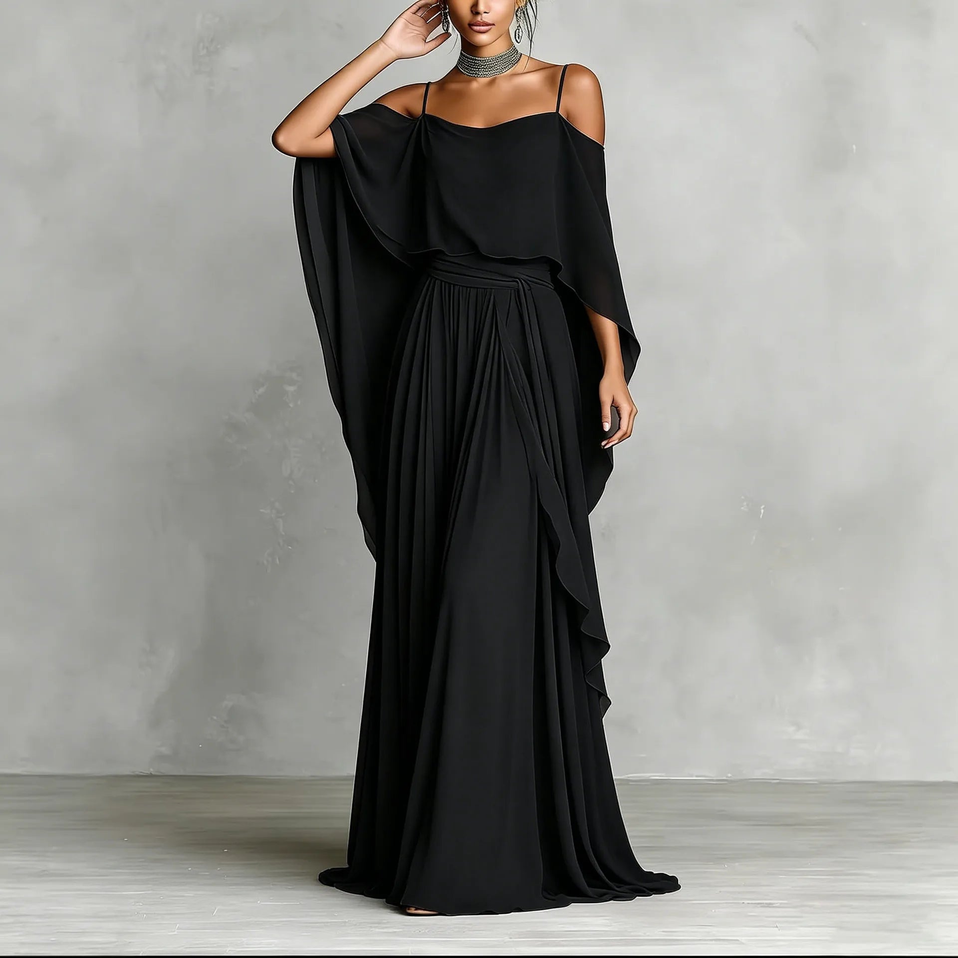 Summer Fashion Solid Chiffon Dress Elegant Off Shoulder Strap Bat Sleeve High Waist Long Dress Women Wedding Guest Outfits LADYLYS