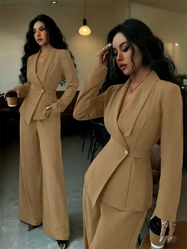 Women's Blazer & High-Waisted Wide-Leg Trousers Set