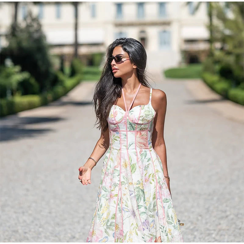Floral Print Halter Neck Corset Waist Maxi Dress Elegant LADYLYS