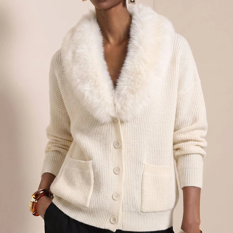 Women's Vintage V-Neck Knit Cardigan with Faux Fur Trim