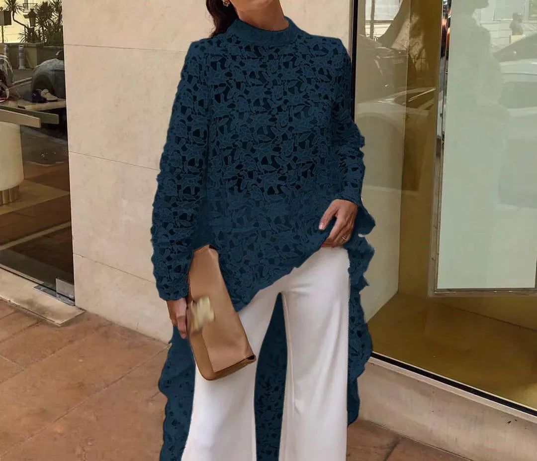 Women's Hollow Crochet Lace Shirt — Loose Long Sleeve Casual Top LADYLYS