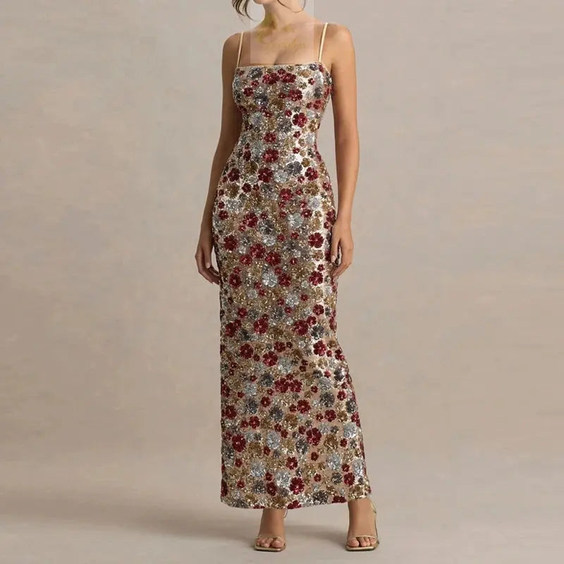Elegant Flower Sequin Slim Suspender Sexy Long Dress LADYLYS