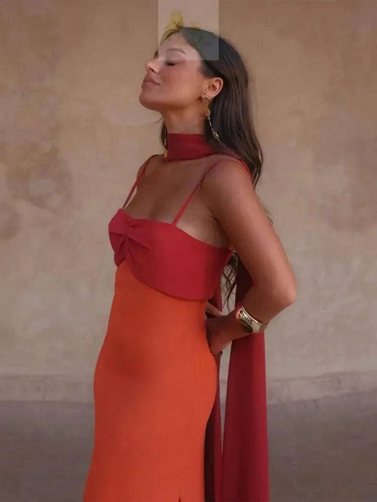 Blocking Scarf Collar Sling Dress Sexy Split Waist Cinching Bodycon Maxi Gowns LADYLYS