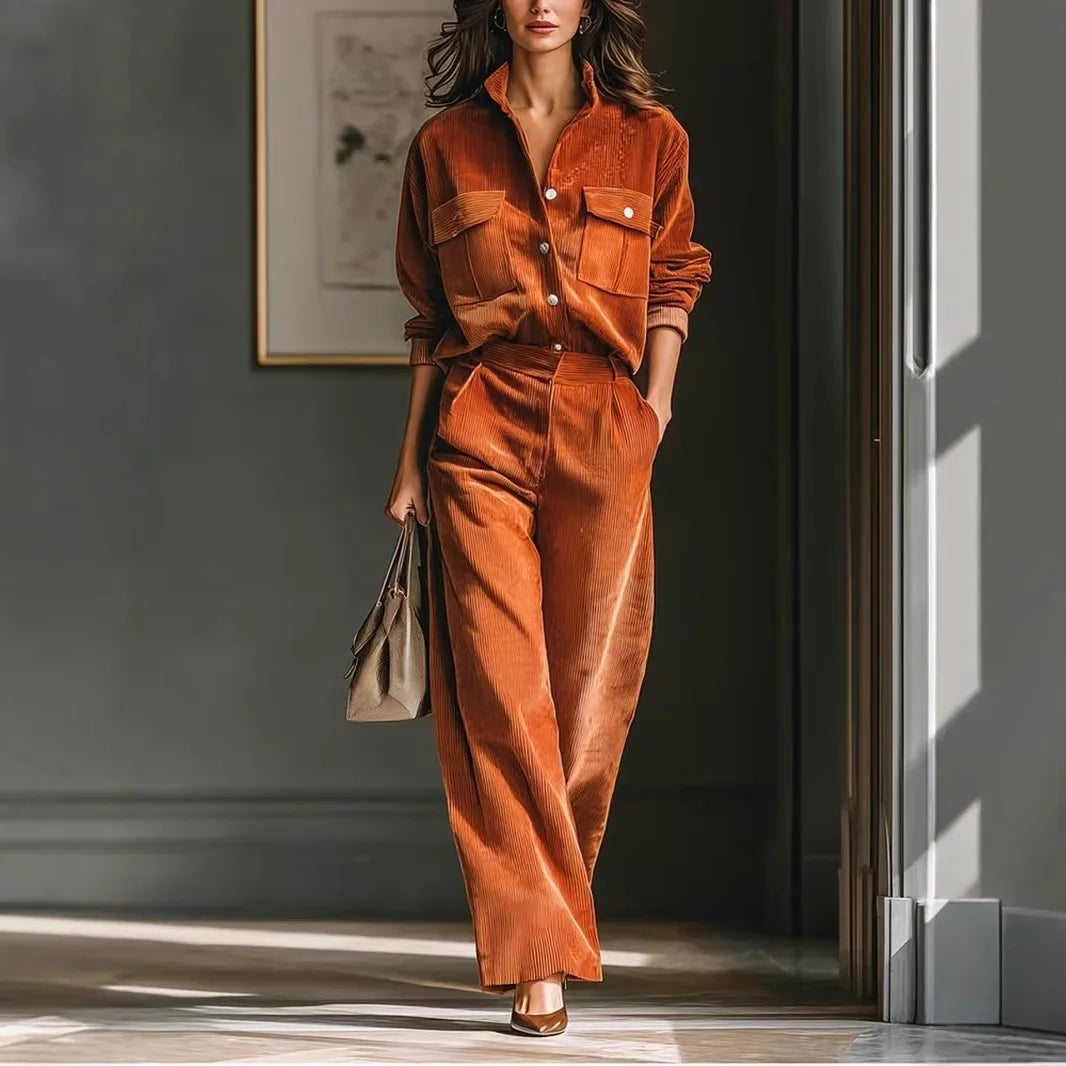Women's 2-Piece Corduroy Set – Long Sleeve Shirt & Wide-Leg Pants, Office Casual
