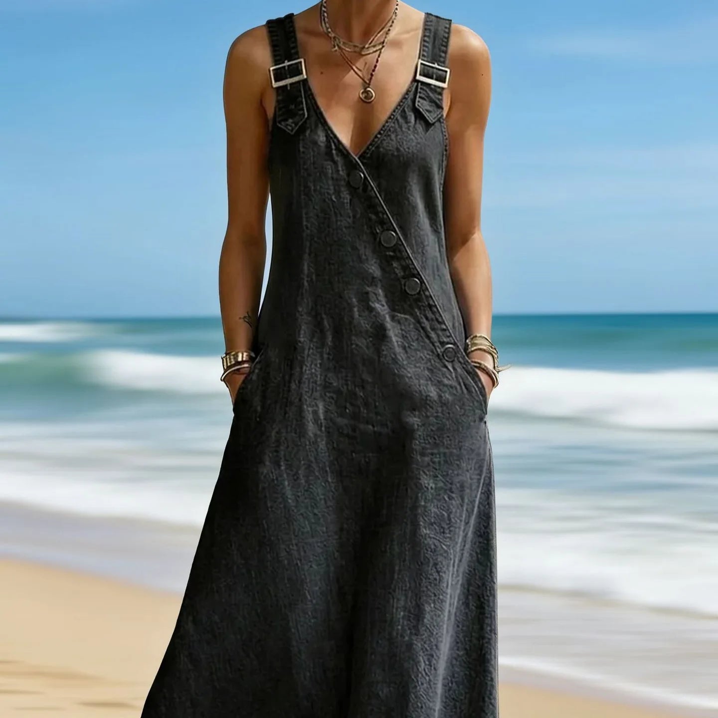 Women Denim Suspender Dress Sleeveless Overall Dresses Distressed Backless V Neck Button Washed Vestidos Summer Sundress A Line LADYLYS