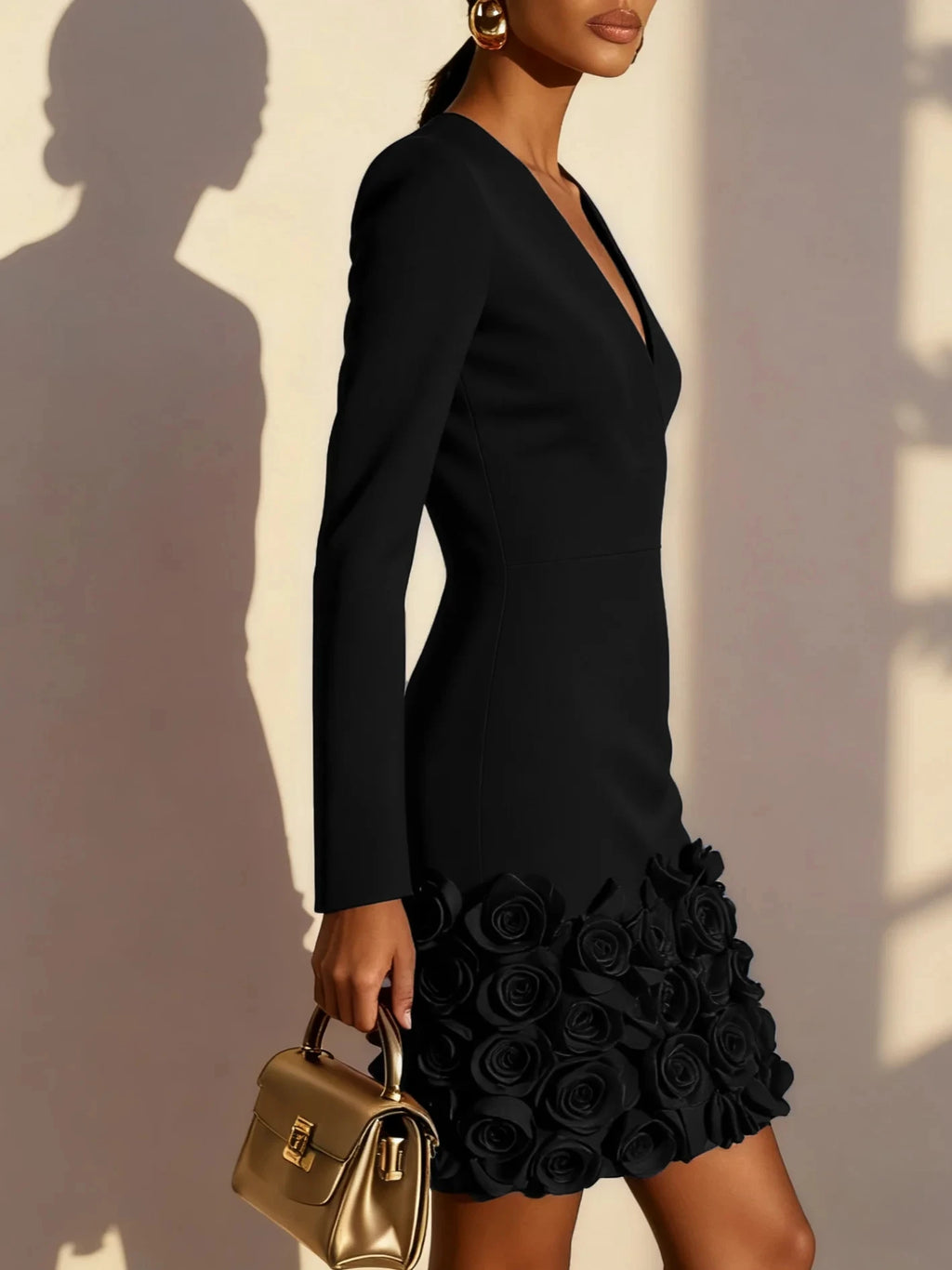 Handcrafted Floral Pleat V-Neck Mini Dress – Elegant Evening & Party Dress