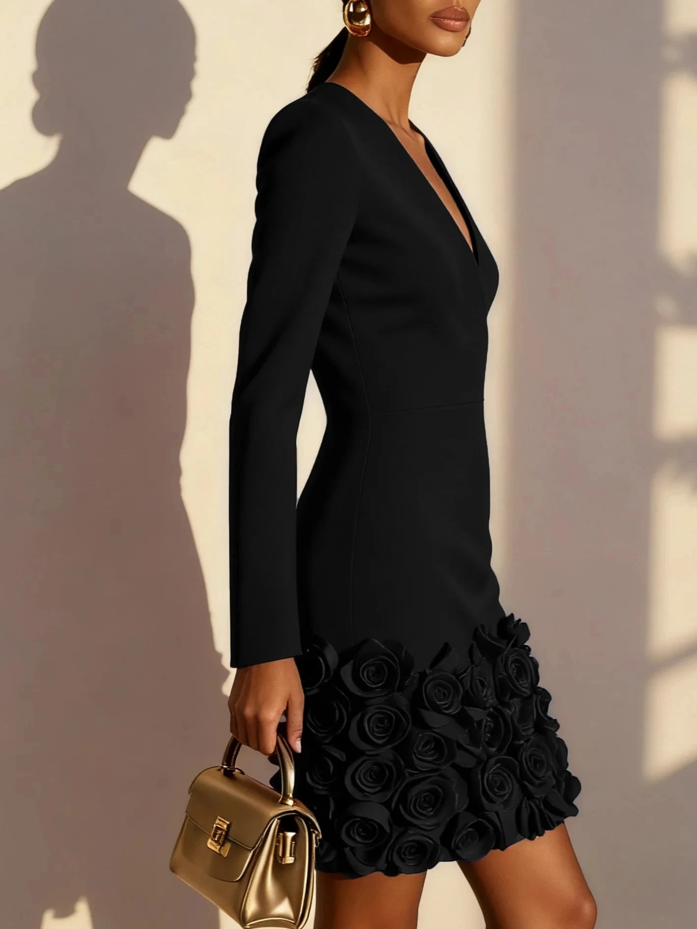 Handcrafted Floral Pleat V-Neck Mini Dress – Elegant Evening & Party Dress