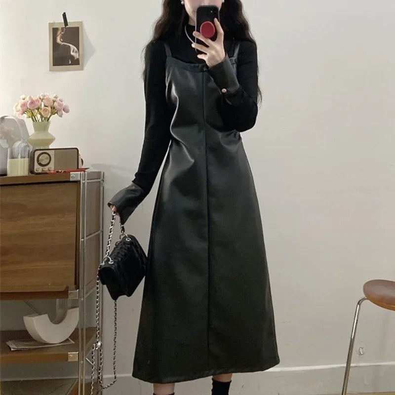 Women's Black PU Leather Dress – Faux Two-Piece A-Line, Long Sleeve, Midi Length