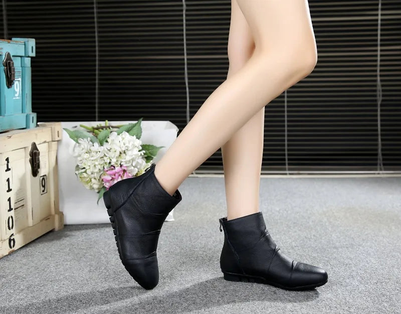 Women's Genuine Leather Platform Ankle Boots – Zip-Up Wedge Booties with Plush Option