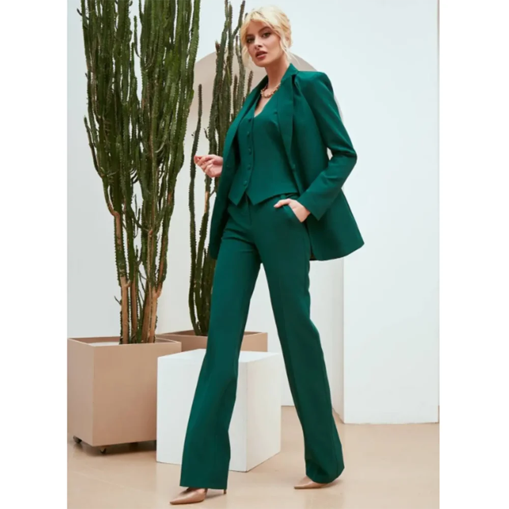 Chic Green 3-Piece Women's Suit – Slim Fit Blazer, Pants & Vest | Formal Office Set