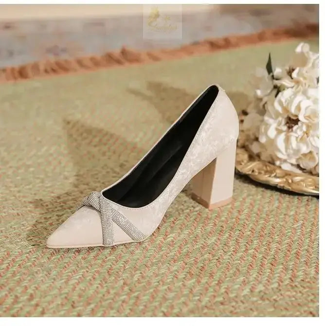 Chunky Heel Pointed Toe Rhinestone Suede High-heeled Shoes Women Block Heel Pumps LADYLYS