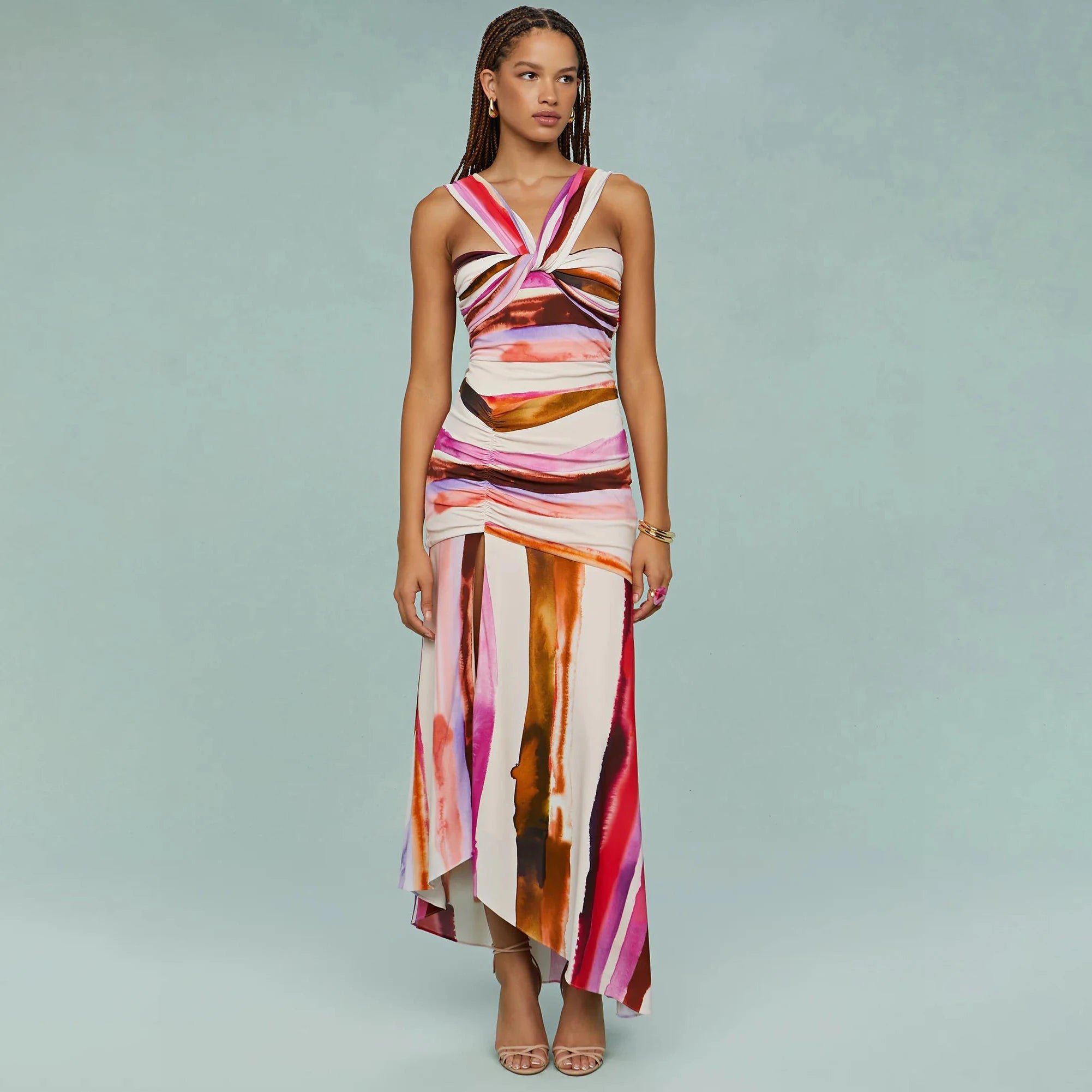 2Pcs Striped Swimsuit With Long Skirt Sexy Women Bikini Push Up Swimwear Halter LADYLYS