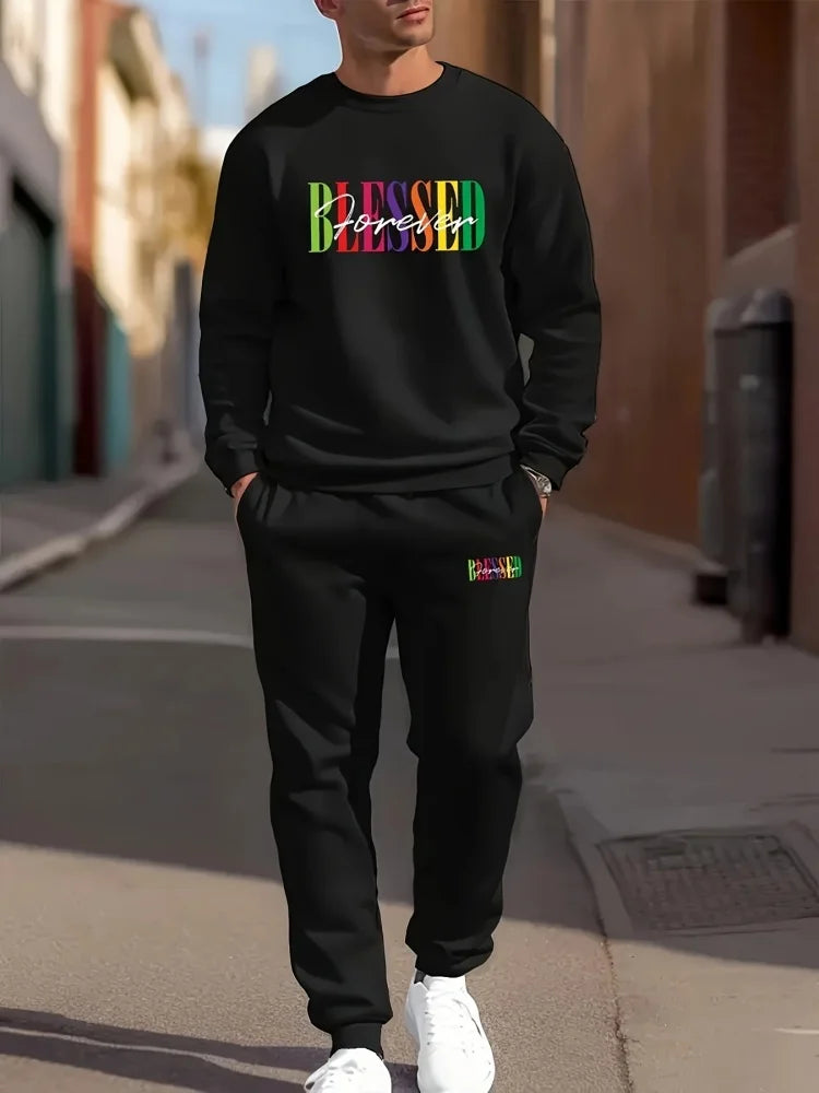 Men's Gradient Print Crew Neck Long Sleeve Top & Casual Pants — 2-Piece Set