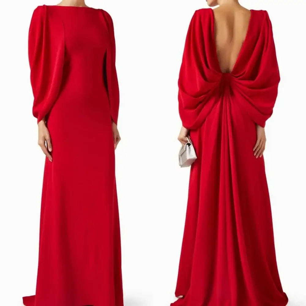 Elegant Ruched Jersey Evening Gown with Long Sleeves