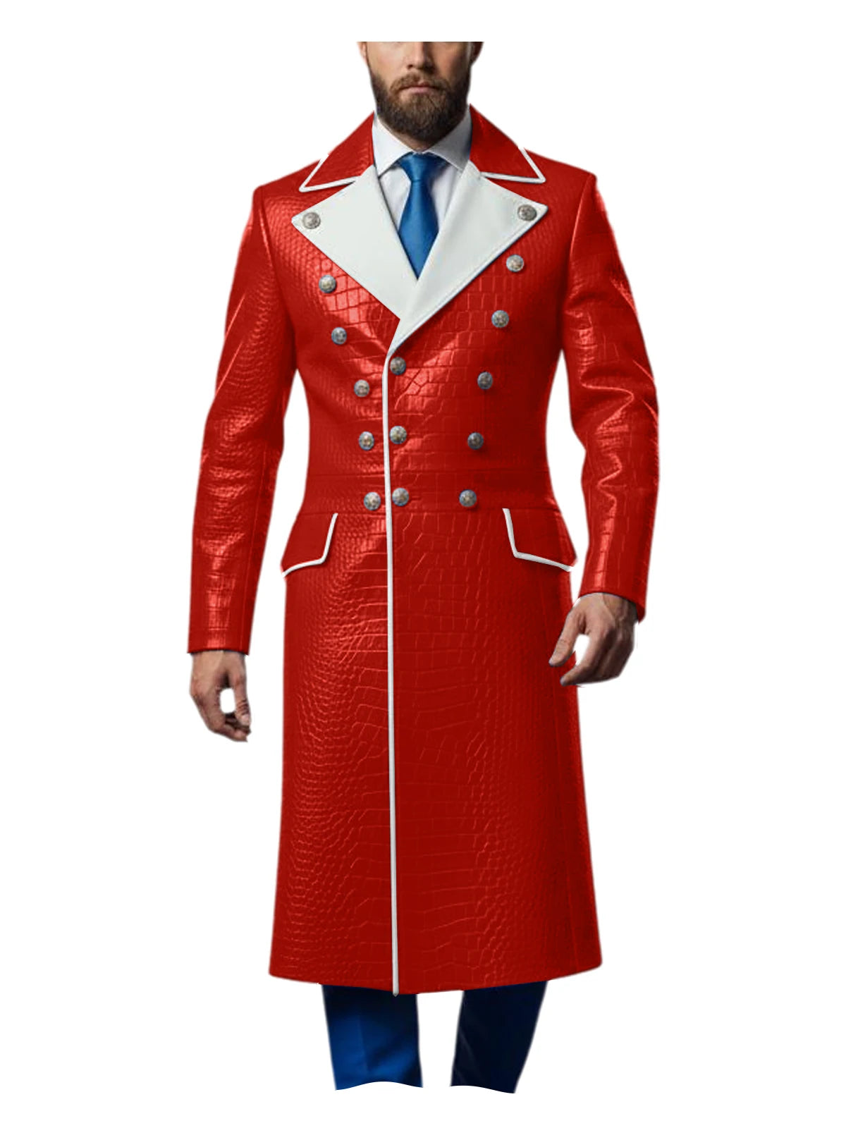 Men's Croc-Embossed Faux Leather Double-Breasted Overcoat with Contrast White Lapels
