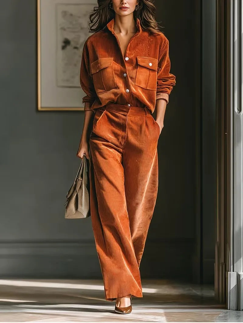 Women's 2-Piece Corduroy Set – Long Sleeve Shirt & Wide-Leg Pants, Office Casual