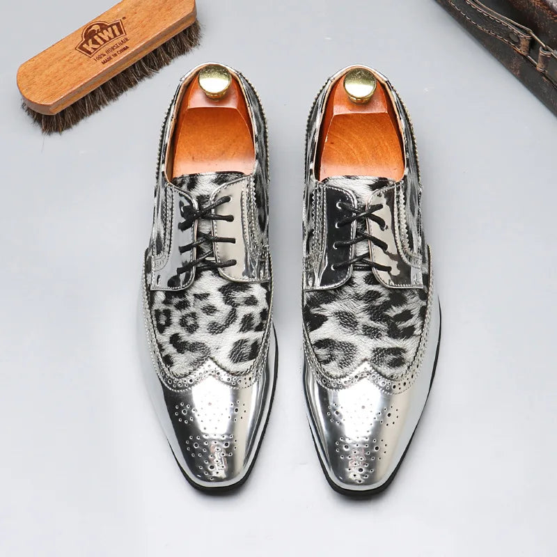 Men's Luxury Leopard Print Oxford Shoes — Gold & Silver Brogues LADYLYS