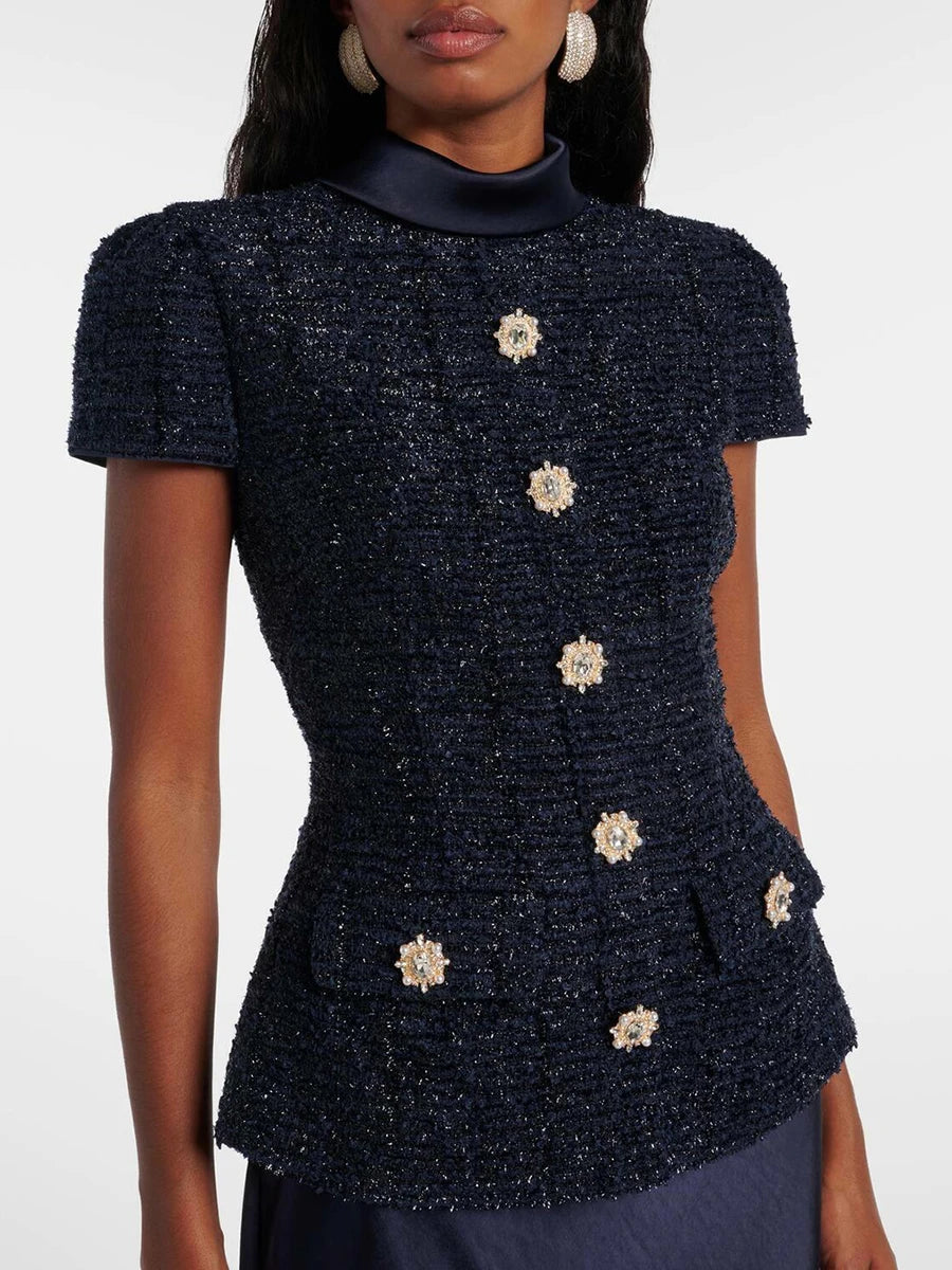 Sets Stand Collar Short Sleeves Spliced Pocket Tweed Top High Waist Maxi Skirts Vintage Suit LADYLYS