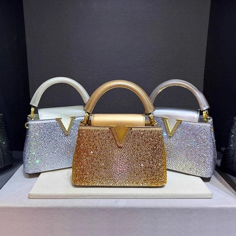 Luxury Brand Leather Diamond Handbag Rhinestone Shoulder Cross-body Tote Bags LADYLYS