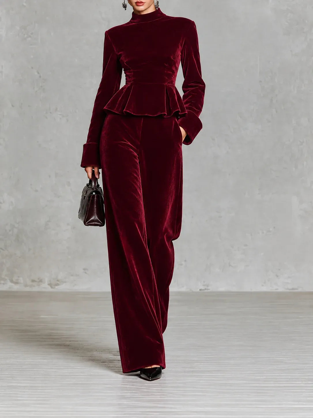 Women's Velvet Two-Piece Set with Wide-Leg Trousers