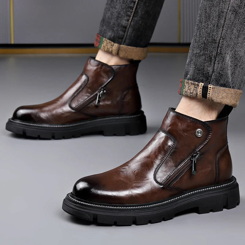 Men's Genuine Leather Zip-Up Ankle Boots – British Retro High-Top Non-Slip Booties
