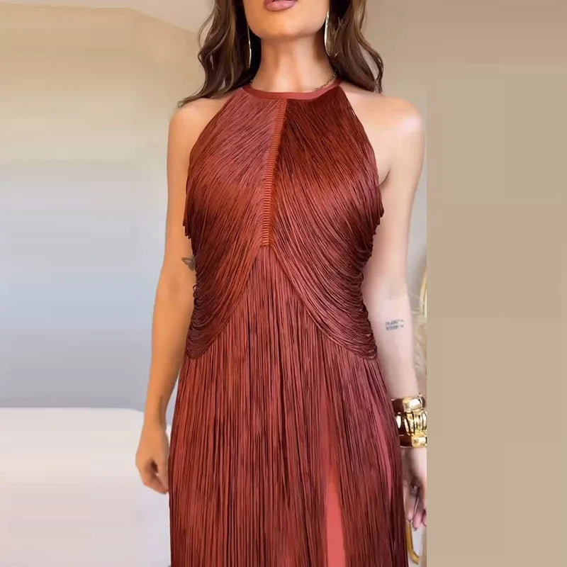 Halter Tassel Long Dress Sexy Off Shoulder Sleeveless Evening Dress Elegant LADYLYS