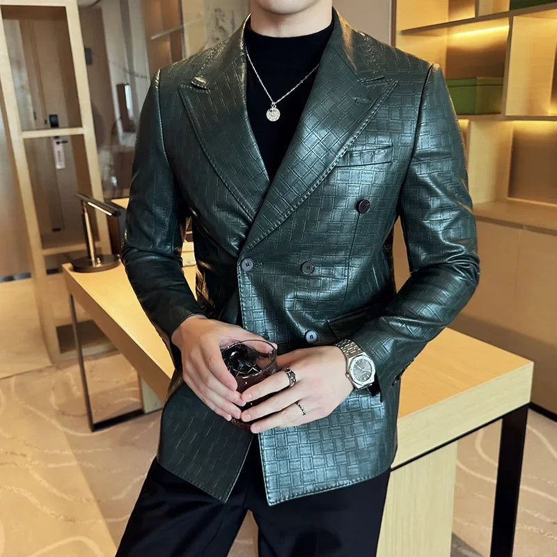 Men's Double-Breasted Check Blazer – Slim Fit, Smart Casual, Business Suit Jacket