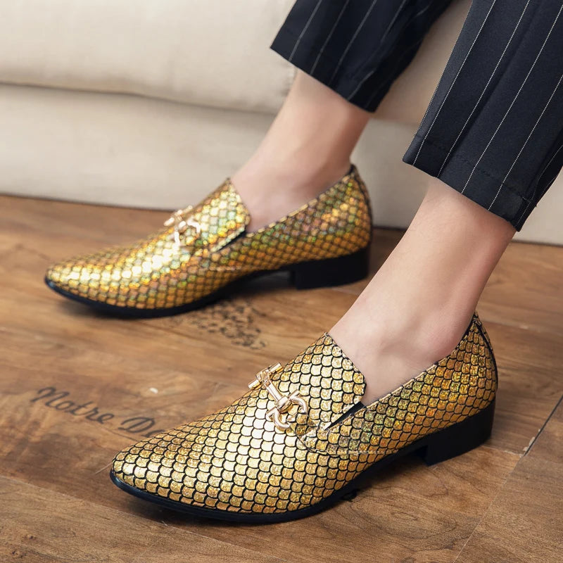 High-end banquet shoes, luxurious gold, pointed toe in genuine leather, large sizes: 38-48 LADYLYS