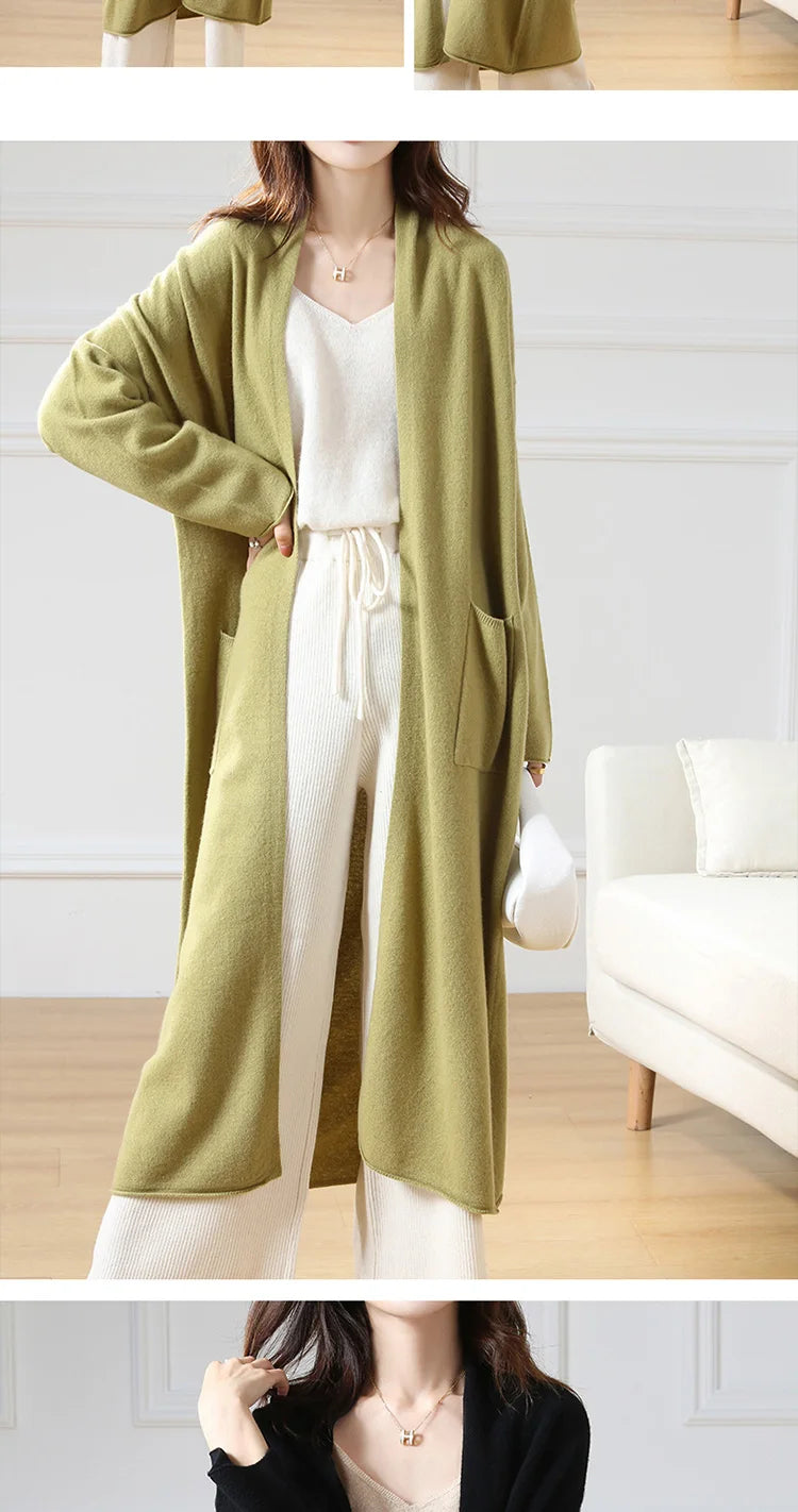 Women's Long Wool V-Neck Cardigan, Loose Fit