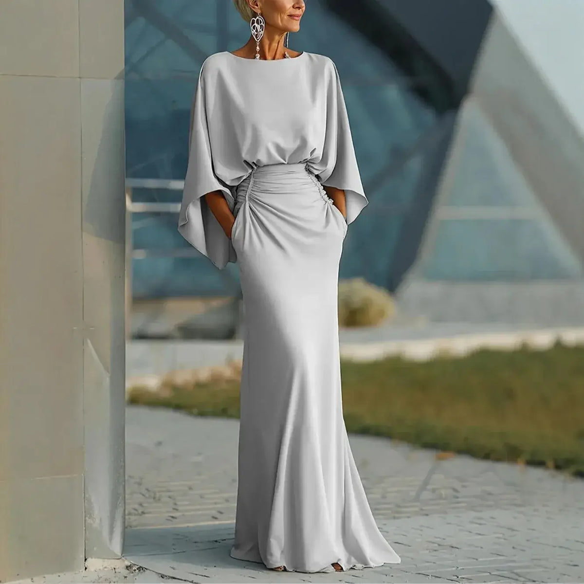 Grey Backless A-Line Maxi Dress with Batwing Sleeves