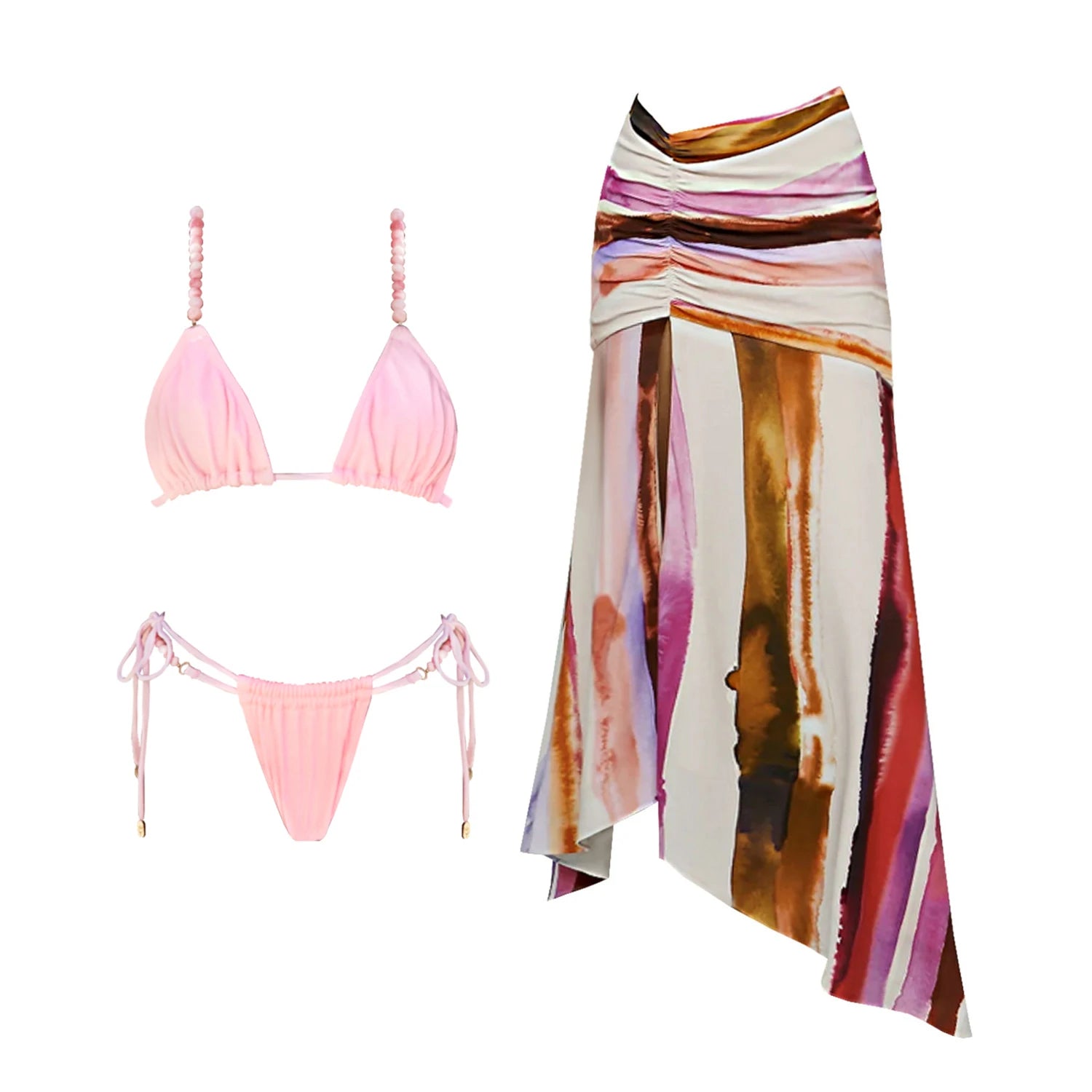 2Pcs Striped Swimsuit With Long Skirt Sexy Women Bikini Push Up Swimwear Halter LADYLYS