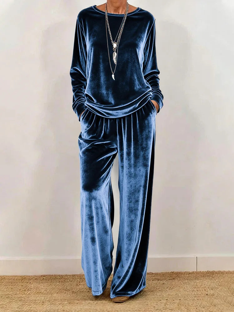 Women's Velvet Two-Piece Set – O-Neck Top & Wide-Leg Pants, Loose Fit, Office & Party