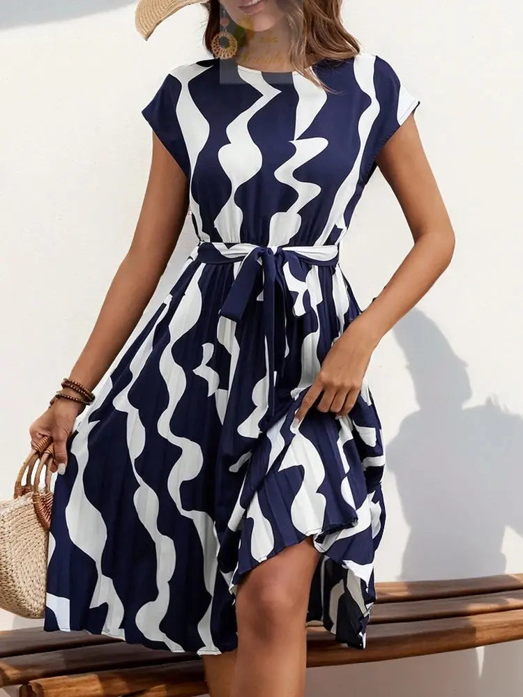 Spring Summer O Neck Pleated Medium Long Dress Fashion Print Lace-up Dress LADYLYS