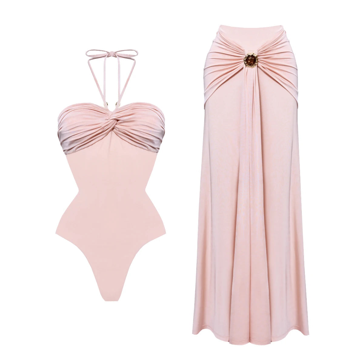 2Pcs Striped Swimsuit With Long Skirt Sexy Women Bikini Push Up Swimwear Halter LADYLYS