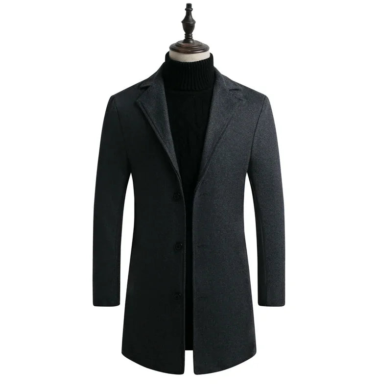 Long Cotton Coat New Wool Blend Pure Color Casual Business Fashion Men's Clothing LADYLYS