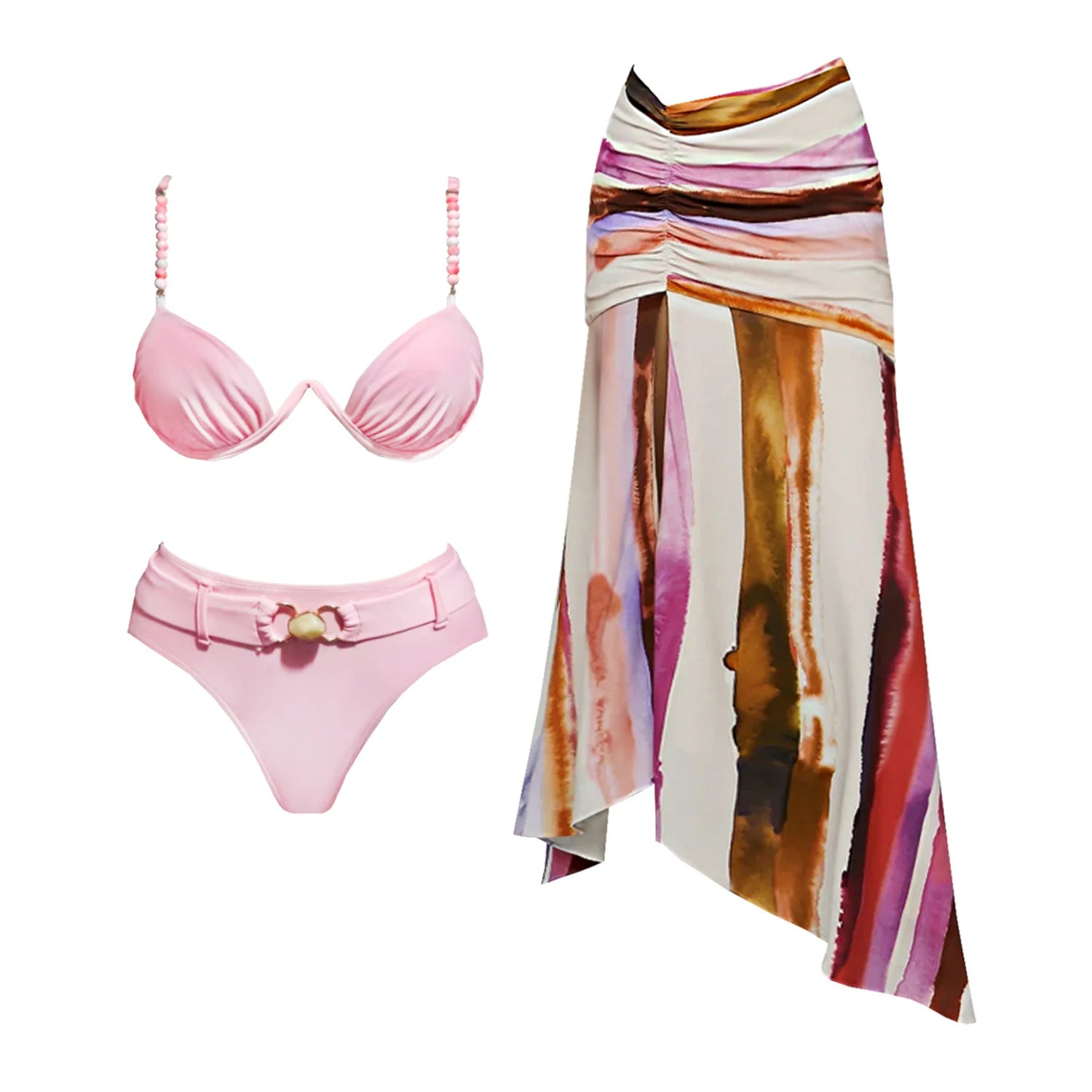 2Pcs Striped Swimsuit With Long Skirt Sexy Women Bikini Push Up Swimwear Halter LADYLYS