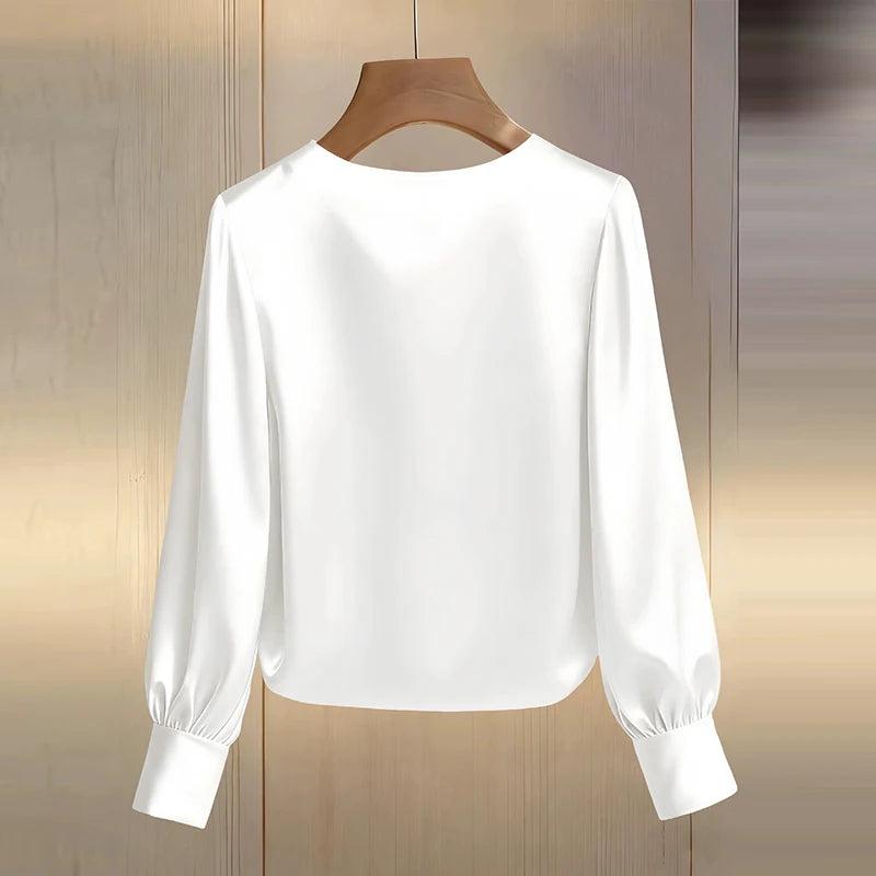 Elegant Satin Shirt Women Spring Autumn Bead Design Long Sleeve Silk Blouse Women Fashion O Neck Loose Pullover Tops LADYLYS