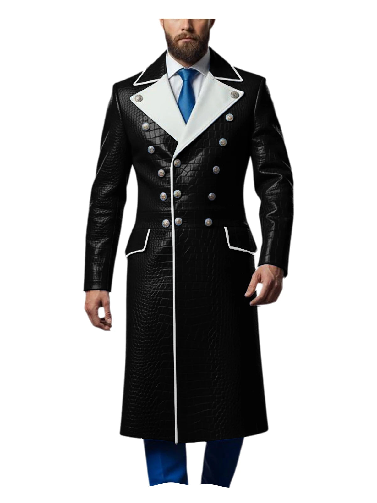 Men's Croc-Embossed Faux Leather Double-Breasted Overcoat with Contrast White Lapels