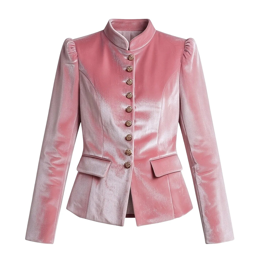 Women's Pink Velvet High-Neck Blazer