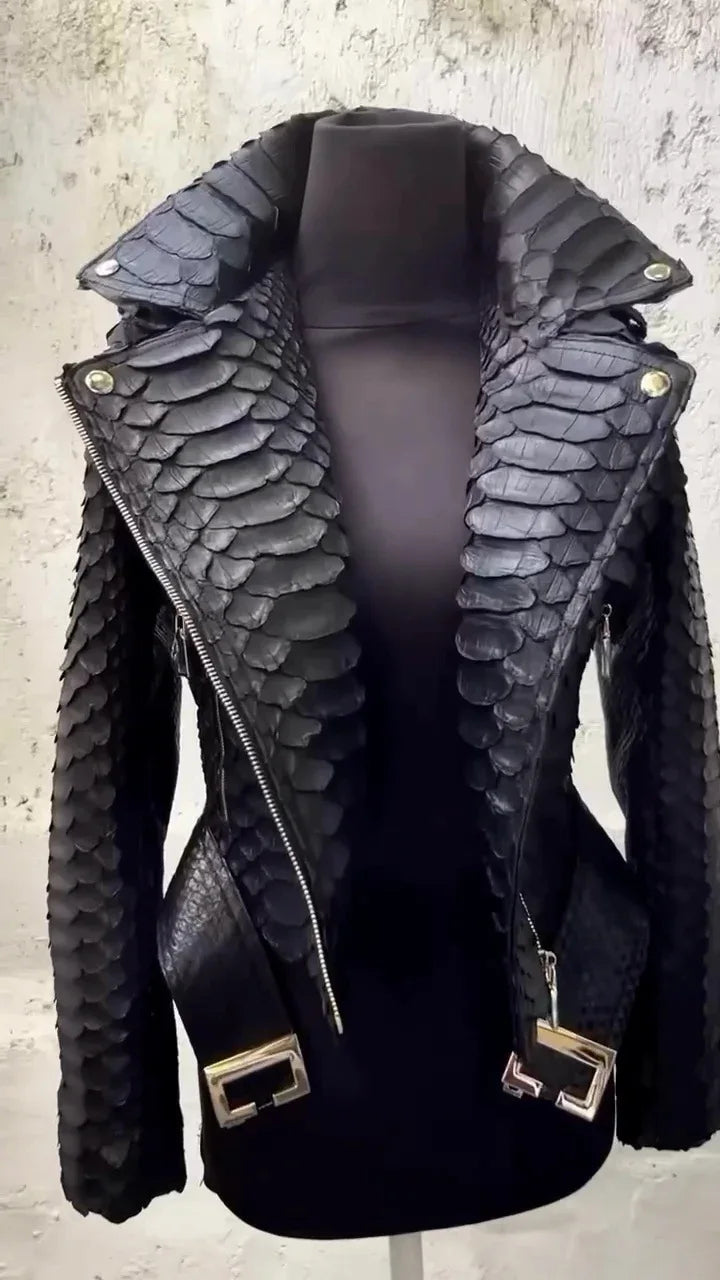 Women's Snakeskin PU Leather Moto Jacket – Zip-Up Biker Jacket
