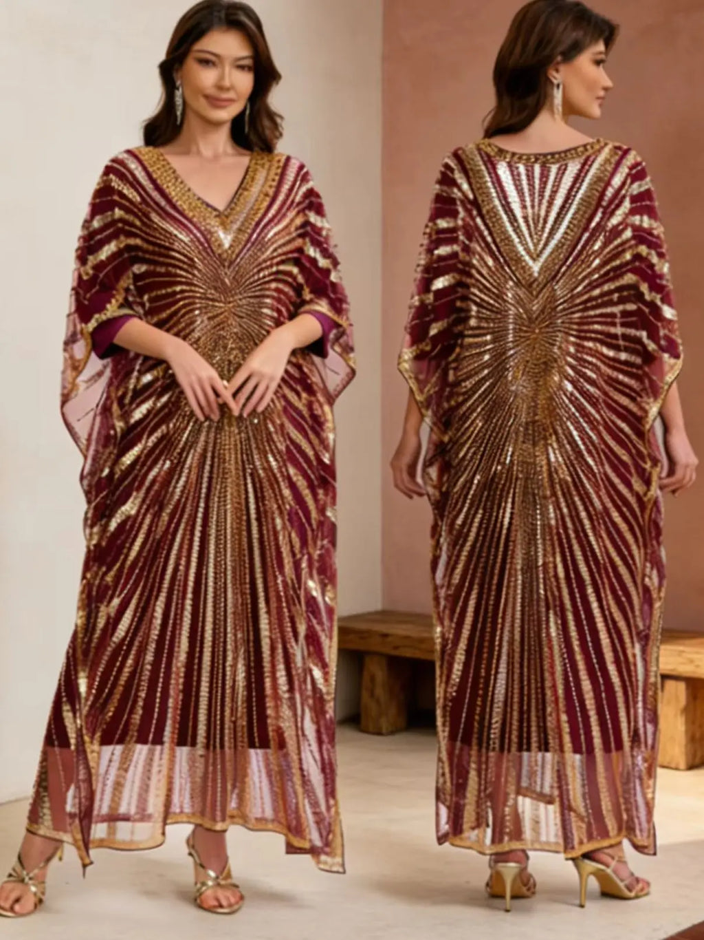 Women's Beaded Kaftan Gown – Embellished Floor-Length Batwing Dress | Ethnic Luxury Evening Robe